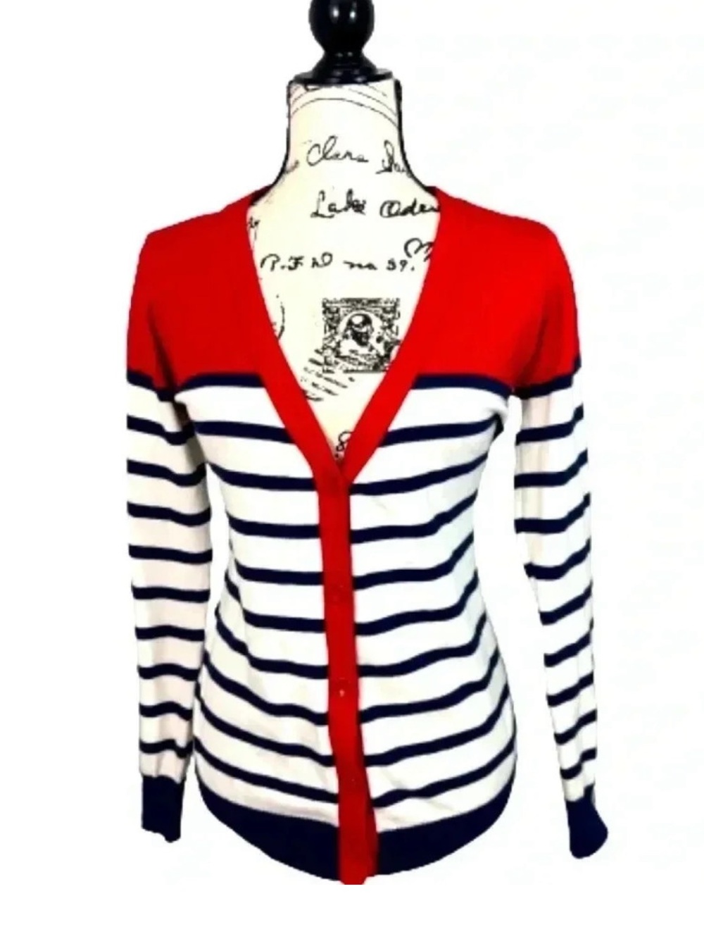 Forever‎ 21 Y2K Striped V-Neck Button Cardigan - Red & Navy